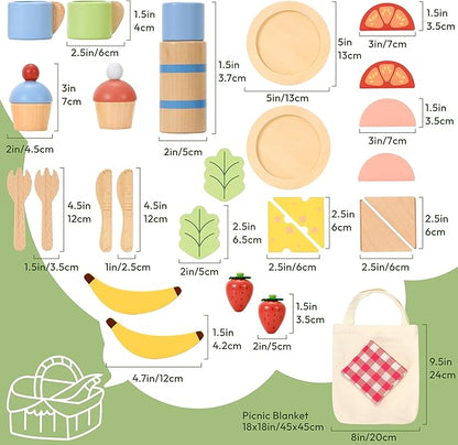 Wooden Picnic Play Set for Kids, 30-Piece Pretend Play Food Toy with Thermos, Sandwiches, Fruits, Utensils, Canvas Carry Bag & Blanket, Pretend Play Kitchen Accessories for Toddlers Age 3+