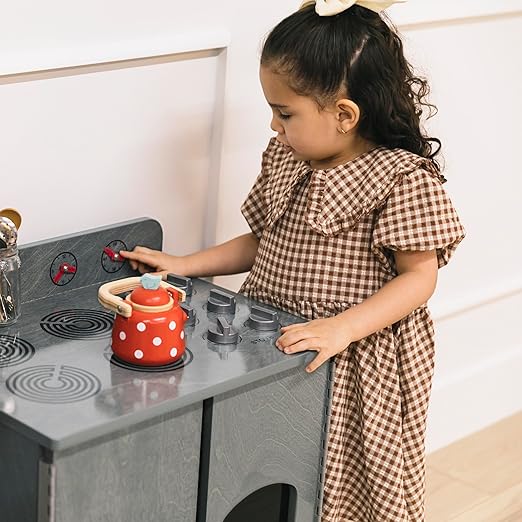 ECR4Kids Play Kitchen Stove, Wooden Playset, Grey Wash