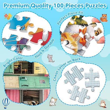 4-Pack 100 Piece Puzzles for Kids Ages 4-6, 6-8 | RV Trailer, Hot Air Balloon, Girl & Cats | Engaging & Educational Jigsaw Puzzles for Girls and Boys