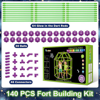 V-Opitos 140 Pack Glow in The Dart Fort Building Kits for Kids Age 4, 5, 6, 7, 8+ Years Old, STEM Building Toys for DIY Castles, Tunnels, Ideal Christmas, Birthday Gifts for Boys & Girls