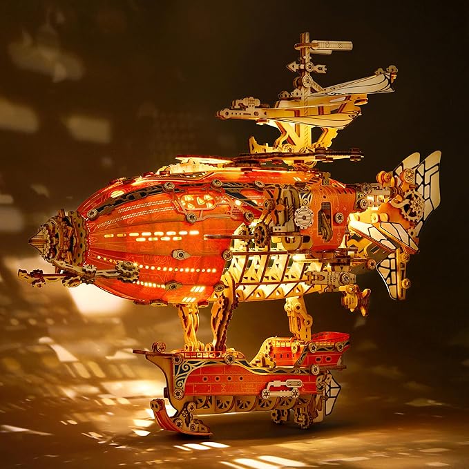 LED 3D Wood Puzzle Fantasy Airship Model - Steampunk DIY Craft Kit with LED Lights – Intricate Wooden Airship Model Building Set for Teens and Adults(Orange)