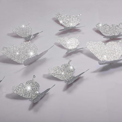 BBTO 48 Pieces Butterfly Wall Decor DIY Mirror 3D Butterfly Stickers Removable Decals for Home Bedroom School Bathroom Living Room Decor(Glitter Silver)