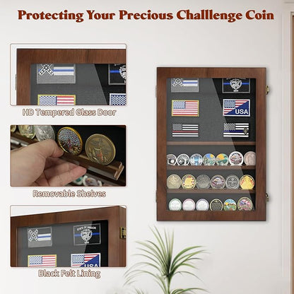 Military Challenge Coin Display Case 6 Rows Wooden Army Coin Holder with HD Tempered Glass Lockable Coin Wall Dsplay Box with Removable Shelves, Walnut