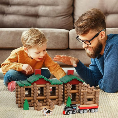 Wondertoys 208 Pcs Wooden Log Set - Classic Building Logs Ages 3+ - Best Retro Building Gift Set for Boys - Creative Construction Engineering Educational Gifts