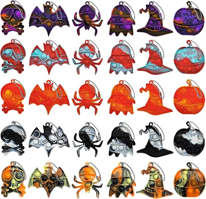 30Pcs Halloween Mini Pop Keychain Fidget Toy, Halloween Party Favors Supplies, Silicone Mini Pop Toys Bulk for Kids Anxiety Stress Reliever for Adults