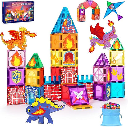 Dragon Toys, Magnetic Tiles 3D Building Toys, Creative Dinosaur Magnetic Construction Set with Inspirational, Recreational, Educational, 53 Piece