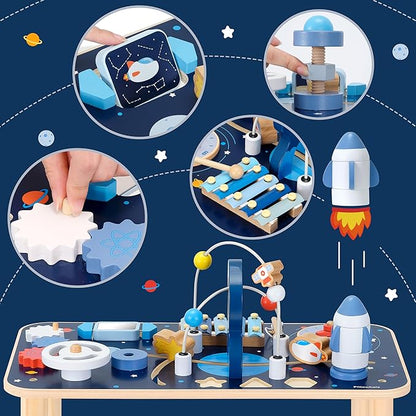 10-in-1 Wooden Activity Table for 1 Year Old | Montessori Baby Standing Activity Center & Sensory Play Cube with Xylophone, Rocket Blocks, Bead Maze, Mirror, Shape Sorter – Space Theme