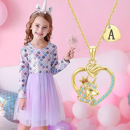 Unicorn Initial Necklaces for Girls Kids Women - 18K Really Gold Filled Unicorn Initial Letter Necklace Teen Girls Gifts Trendy Stuff Heart Letter Necklace for Women Girl Kids Gifts