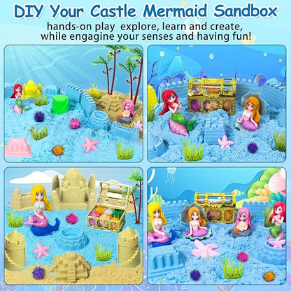 Mermaid Sensory Bin Sandbox Toys for Toddlers Girls Kids- Mermaid Toys for Kids Play Sand Kit Sensory Bin Toy with 2.2 lbs Sand & Castle Mold,Great Christmas Birthday Gift for Girl Boys