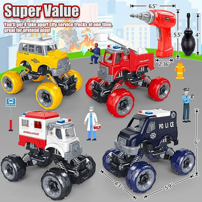 LUDILO Kids Boys Toys Age 4-6 5-7 6-8: 4 PCS DIY Assembly Building City Bus Ambulance Police Car Toy Fire Truck with Electric Drill, Stem Learning Toys Gifts for 3 4 5 6 7 8 Year Old Boys Girls Kids