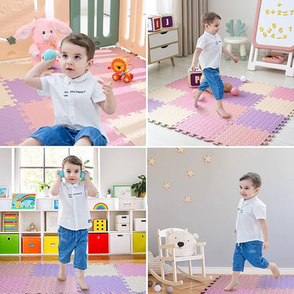 16-Tile Soft & Safe EVA Foam Play Mat for Baby - Square, Solid Colored Kids Puzzle Floor Mat, 47x47 - Purple/Pink/Loli Pink/Beige