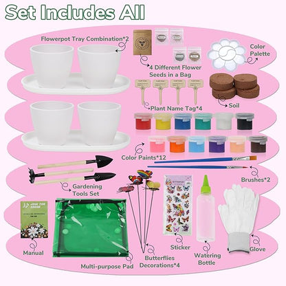 Paint & Plant Flower Gardening Kit with 4 Pots - Kids Gardening Set Ages 8-12, Spring Arts & Crafts Activities Kits, Educational Birthday/Easter Gifts for Boys & Girls Ages 5 6 7 9 10 11