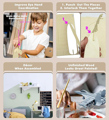 Puzzled F-18 Hornet 3D Puzzle Airplane Model Wood Building Kit - 3D Model Airplane Building Kit for Kids and Adults, Fun Educational Model Plane Kit to Paint and Build Craft 3D Model Kit - 47 Pieces