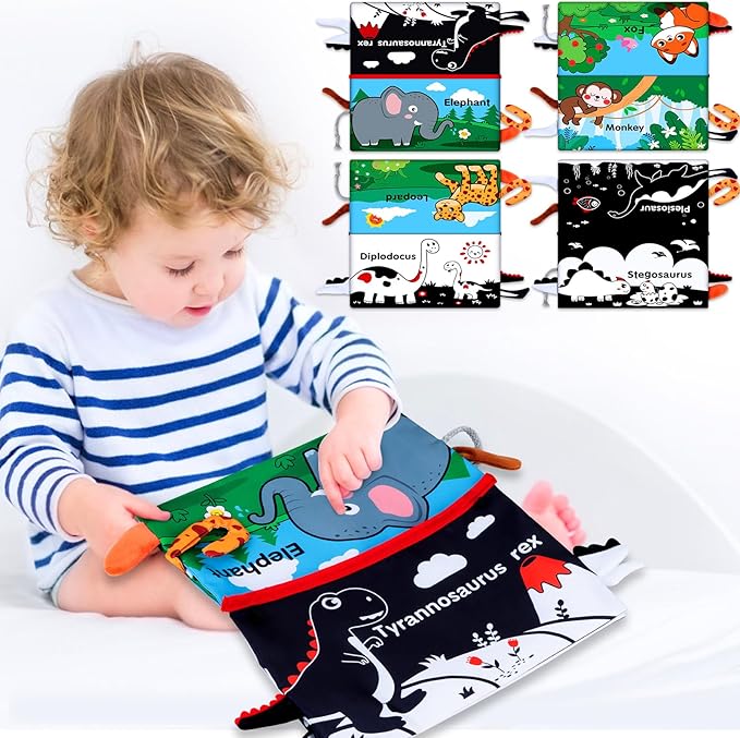 Tummy Time Baby Mirror Toys 0-6 6-12 Months - Montessori Infant Toys Brain Development with Crinkle Cloth Book and Teether - High Contrast Newborn Sensory Toys for Babies Boys Girls Gifts