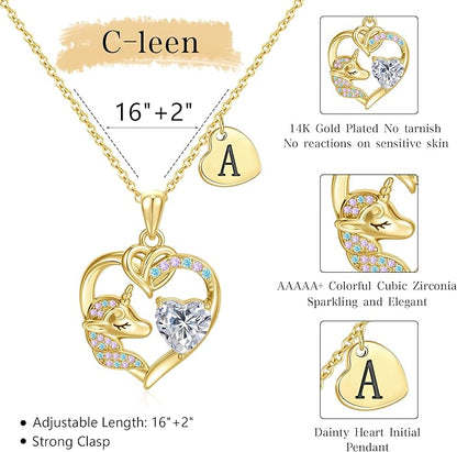 C-leen Unicorn Gifts for Girls Kids - Colorful CZ Heart Initial Necklaces Unicorn Necklace for Girls Jewelry Christmas Birthday Gifts for Little Girl