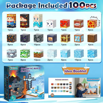 Magnetic Blocks - Build Mine Magnet World Ice Lava Set, Vibrant Colorful Building Blocks with Ultra Magnet Strength for Kids Ages 3-8, STEM Toys Creative Gifts for 3+ Year Old Boys Girls (100PCS/0.8")