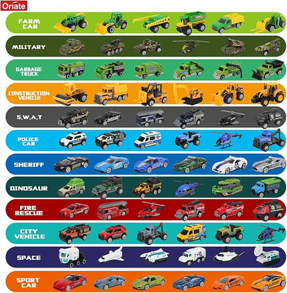 Oriate Diecast Toy Cars Set for 3 4 5 6 7 8 Year Old Boys, 12 Pack Mini Metal Cars 1/64, 12 Theme in one Set Blind Box Edition- Include Farm, Space Ship, Truck for Children Birthday Party Decor Gifts