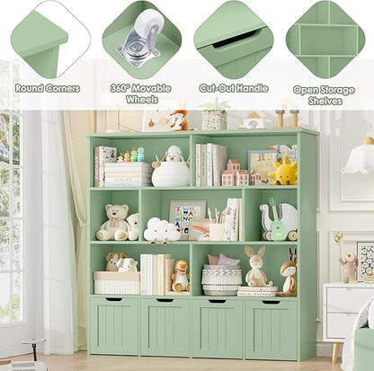 FINETONES Toy Storage Organizer, Kids Bookshelf with 4 Movable Chests and 7 Storage Cubes, Toy Chest Storage with Hidden Wheels, Toy Organizers and Toy Storage, Green