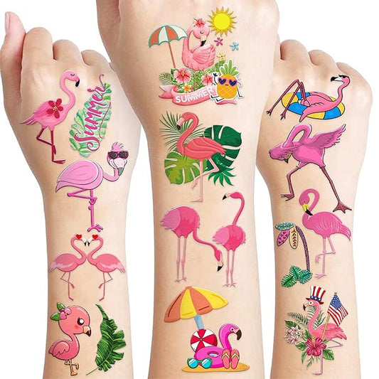 96 PCS Funny Flamingo Pre-Cut Temporary Sticker Summer Tropical Flower Hawaiian Luau Birthday Supplies Gifts Girls Boys Baby Showers Prizes Cute School Reward Themed (Normal)