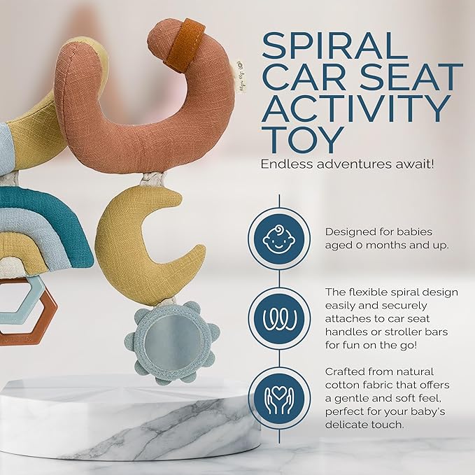 Itzy Ritzy Spiral Car Seat & Stroller Activity Toy - Stroller & Car Seat Toys for Ages 0 Months and Up - Hanging Toys Include Clinking Rings, Mirror and Textured Ribbons (Rainbow)