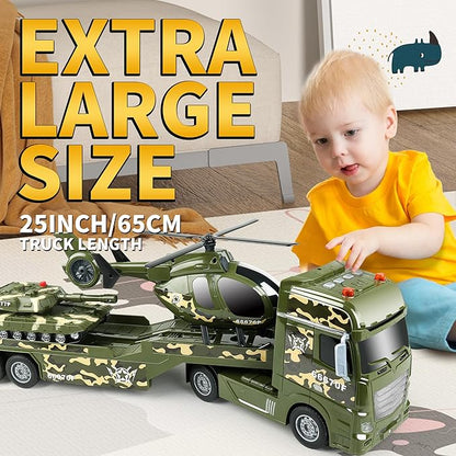 Dwi Dowellin Green Military Big Truck Toys,25.6" Semi Truck Toy with Helicopters and Tank,Army Toys with Lights & Sounds,Birthday Gift for 2 3 4 5 Years Old Boys and Girls