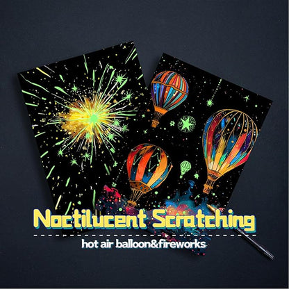 Scratch Paper Art for Adults-Glow in The Dark Scratch Painting Craft Kit (8 Sheets A4)|DIY Foil Engraving Art Set|Stress Relief Gift for Travel Lovers,Craft Lovers,Home Decors (Fireworks)