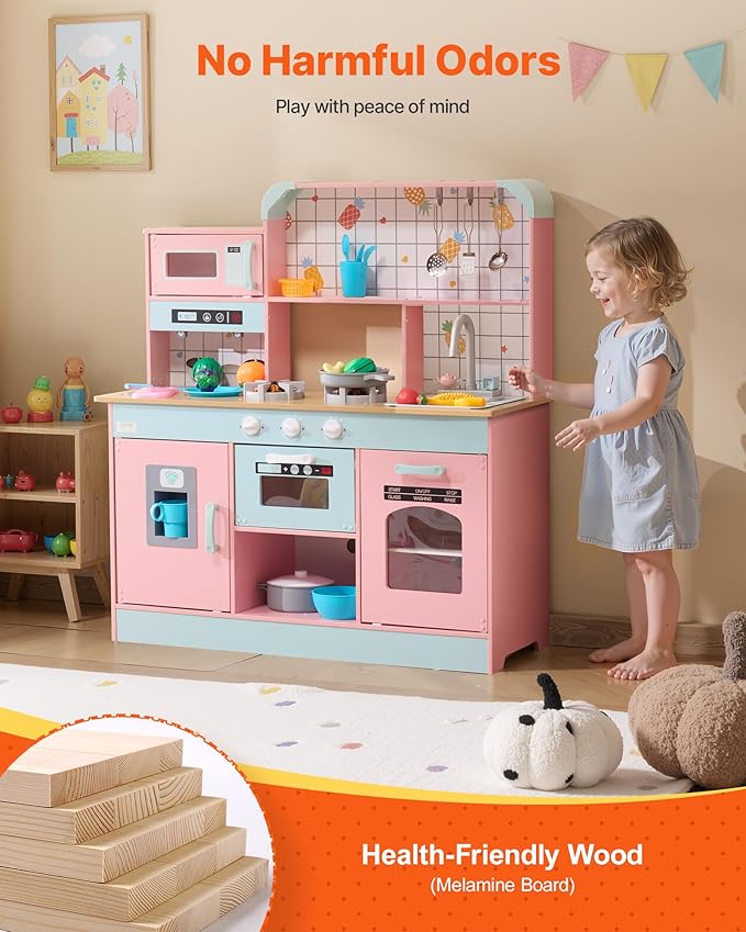 VEVOR Wooden Play Kitchen Toy, Play Kitchen for Kids with Lights and Sounds, Toddler Kitchen with Ice Maker, Oven, Sink, Microwaves, Fridge and Utensil and Fruit Accessory for Toddlers Ages 3-8, Pink