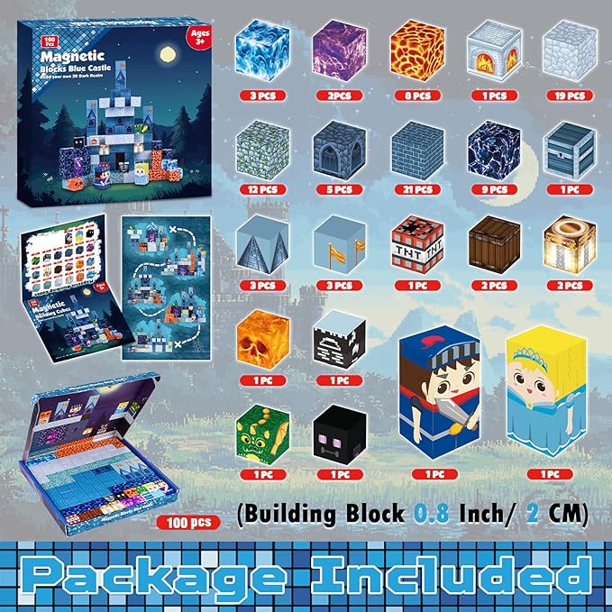 100PCS Magnetic Blocks - Magnet Building Blocks, Stacking Magents Cubes Toys Castle Set, STEM Montessori Sensory Toys for Kids Boys and Girls Ages 3 4 5 6 7 8 9 10 Birthday Gifts