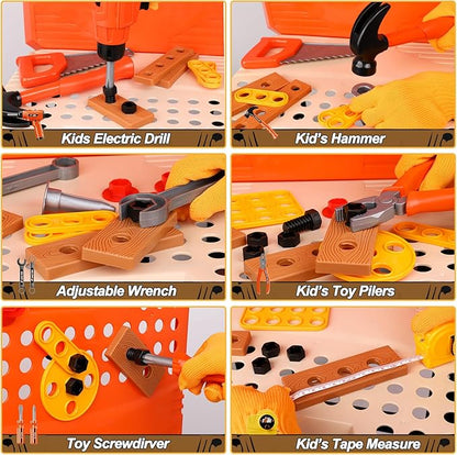 Kids Tool Bench Set,MAGIC4U 95PCS Toddler Tool Workbench with Electronic Drill 13 Tool Equipements,Safety Vest & Hat,Pretend Play Kids Construction Toys Gift for Boys Girls Age 3,4,5,6,7,8