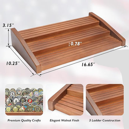 12 Rows Solid Wood Military Challenge Coin Display Stand Holds 90-100 Coins Army Coin Holder Display Police Coin Rack for Countertop, Walnut