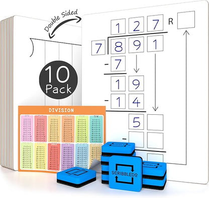SCRIBBLEDO 10 Pack Dry Erase Division White Boards 9 x 12 Inch Whiteboards Double Sided Math Manipulatives Long Division Lapboards for Kids Students Classroom and Home 10 Whiteboard Erasers Included