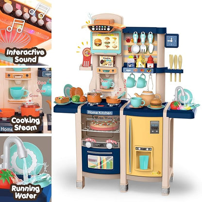 SANDINRAYLI 65Pcs Kids Kitchen Playset, Kitchen Toys, Large Toddler Play Kitchen Sets for Kids Ages 4-8, Pretend Toddler Kitchen for Girl & Boy 3-5, Baby Kitchen with Simulated Sound, Light, Blue