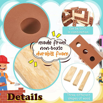 Deekin 25 Pcs Foam Brick Building Blocks and 12 Pcs Wooden Beam Foam Thick Cinder Blocks Large Fake Brick Builders Set for Construction and Stacking(Red)