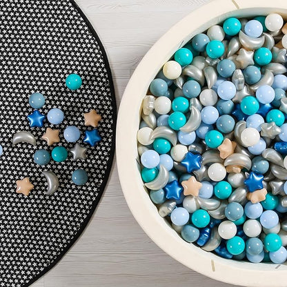 GOGOSO Ball Pit Balls Stars Moon Shapes Plastic Pitballs for Toddler Play Tent Baby Photo Props Kids Pool Water Toys Kiddie Pool Party Decor, Pearl Gray+Blue+Green,100PCS