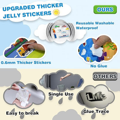 Jelly Stiicker Books Set for Kids Travel Essentials, Reusable Sticker Books for Toddler, Restickable Sticker Book Tdddler Travel Toys for Kids, Safari, Farm, Ocean, Vehicles