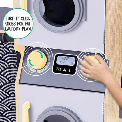 Lil’ Jumbl Kids Washer and Dryer Playset, Wooden Children's Pretend Laundry Set, Includes Broom, Dustpan, Iron, Hangers & Basket, Realistic Laundry Room for Kids - Natural