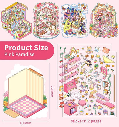 DIY 3D House Stickers, 4 Sets Fun DIY Stickers Scene Make Your Own Mini House Cute Cartoon Animal Scene Stickers for Kids Adult Sticker Art Relief Stress Pass The Time- Large Size