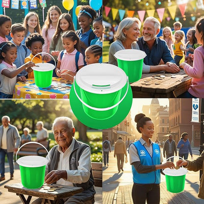 Plastic Coin Collection Bucket with Removable lid and Handle Charity Donation Collection Money Box Pail for Fundraising with top Slot for Tickets raffles and Money 7.5" Hx8.3 Diameter(Green) 4 Pack