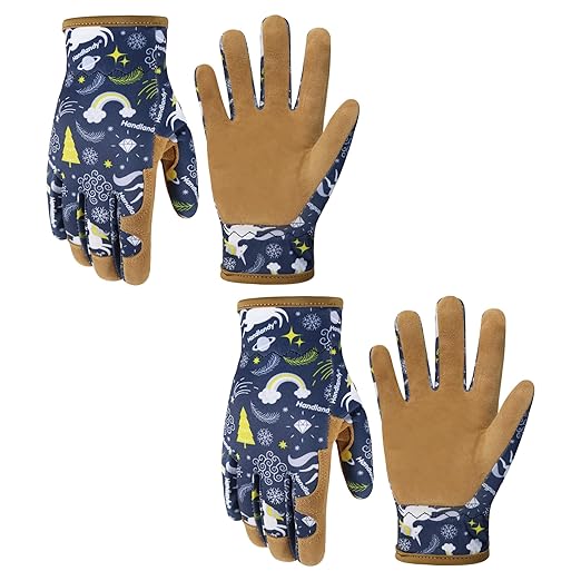 HANDLANDY 2 Pairs Kids Genuine Leather Gardening Gloves for ages 3-11, Children Toddler Work Outdoor Playing Gloves for Boys Girls Gift (Small (for age 2-4), Blue)