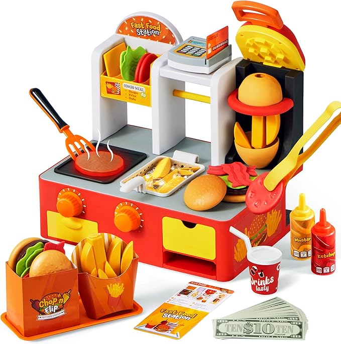 Restaurant Play Set Toy - 40+ PCS Fast Food Playset with Potato Cutter, Simulated Frying Effect & Lights, Order, Card & Drink Station - Interactive Role Play Toy Birthday Gift for Boys Girls