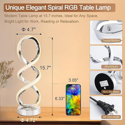 Modern Spiral RGB Table Lamp, Touch Dimmable Bedside Lamp, 7 Colors 10 Light Modes Spiral Design Table Lamp, Unique Nightstand Lamp for Living Room, Bedroom, Cool Lamps, Sliver, 2 Pack