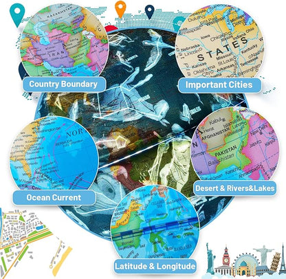 9" Illuminated Globes, 88 Constellations Map & Built-in LED Light & Learning 3-in-1, USB Charging, None-Slip Stainless Steel Stand for Classroom Education & Bedroom Decor, Inspire Geography Interest