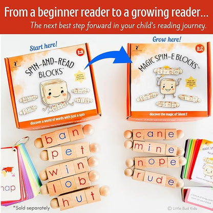 LITTLE BUD KIDS Magic Spin-E Blocks - A Silent E Phonics Toy & Montessori CVCe Reading Blocks for Kids Ages 4–7
