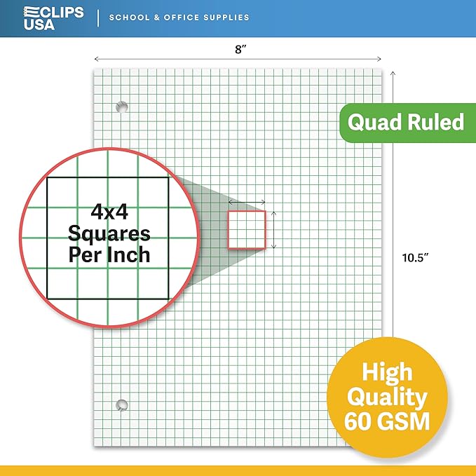 Loose Leaf Graph Paper (24 Pack), 4 x 4 An Inch Quad Ruled Graph Paper, 10.5” x 8” Graphing Paper, 100 Per Sheets Per Pack, 60 gsm (24 Pack)