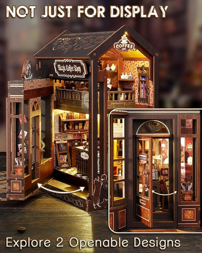 Book Nook Kit Magic Coffee Shop, DIY Miniature House with LED Lights, 3D Wooden Puzzle for Adults & Teens, Bookshelf Decor Craft Gift for Family & Friends