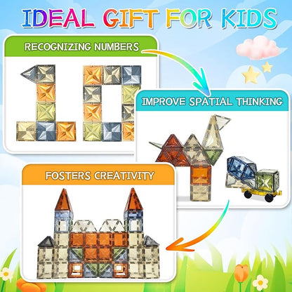 100PCS Magnetic Tiles Montessori Toys Magnetic Blocks Kids Games STEM Classroom Educational Learning Sensory Magnet Natural Toy for Toddler Boys Girls 3+ Year Old with 2 Cars