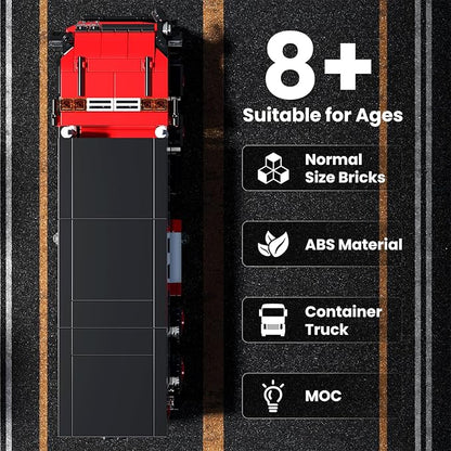 Mould King Red Container Truck Building Set, Toy Realistic American Style Trucks for Boys Aged 8+, 24069 Realistic Trailer Car Model with Detailed Interior, Collectible Blocks for Adults (630 Pieces)