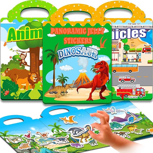 3 Sets Reusable Sticker Books for Toddlers 1-3, Removable Jelly Sticker Books for Kids 2-4 Years, Toddler Travel Toys Activity Book Trip Essentials for Kids- Animal, Dinosaurs and Vehicle