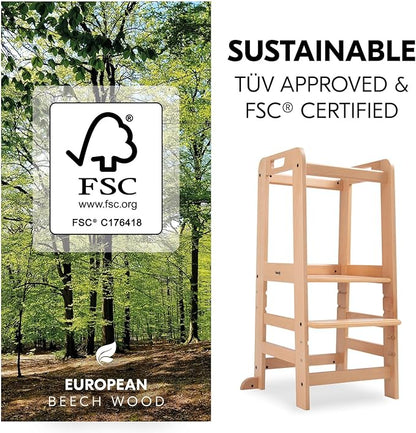 Hauck Learn N Explore Montessori Toddler Tower, Adjustable Wooden Kitchen & Bathroom Step Stool Helper for Home Use with Kids Ages 1+, Natural