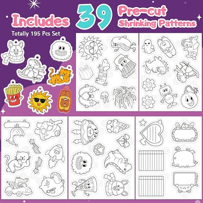 195 Pcs Shrink Plastic Kit with 39 Pre-Cut Patterns,3 Blank Shrink Plastic Sheets,Punch,Scissors,Keychains Lanyards,Tassels,Keychain Making Kit,Shrinky Art Charms,Shrinking Paper Craft Kits DIY Gifts